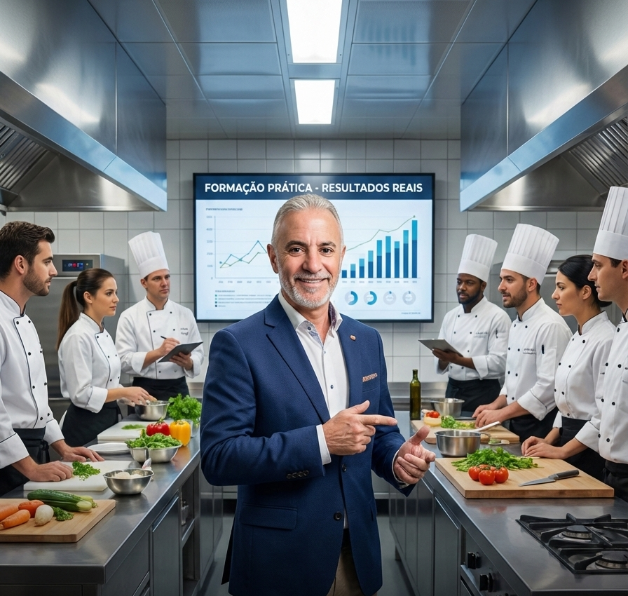 Jorge Castro a conduzir formação prática em cozinha profissional para equipas de F&B